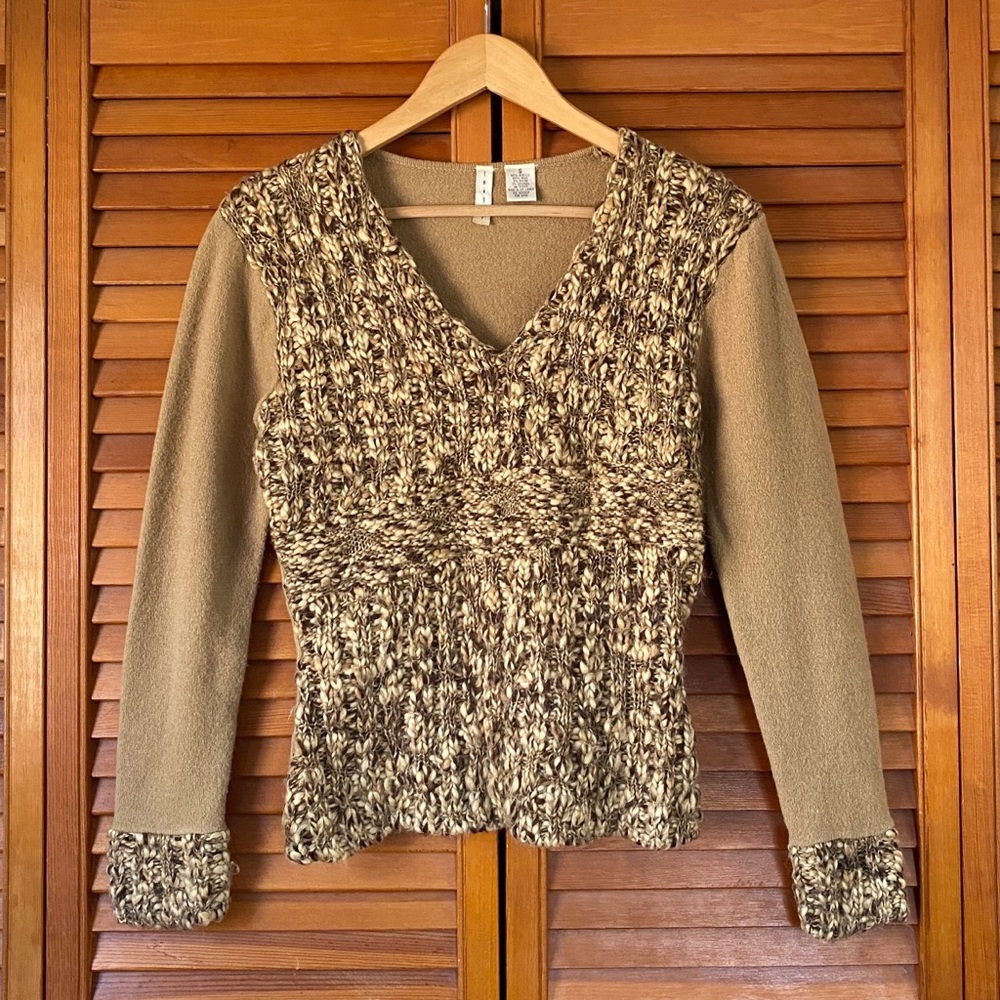 Vintage Twiggy Sweater Top Size Small Wool Blend Knit Y2K Camel Brown Tight Fit